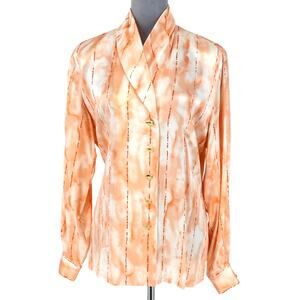 Escada Top Womens 8 US 38 EU Orange White Silk Blouse Shawl Collar Button Front